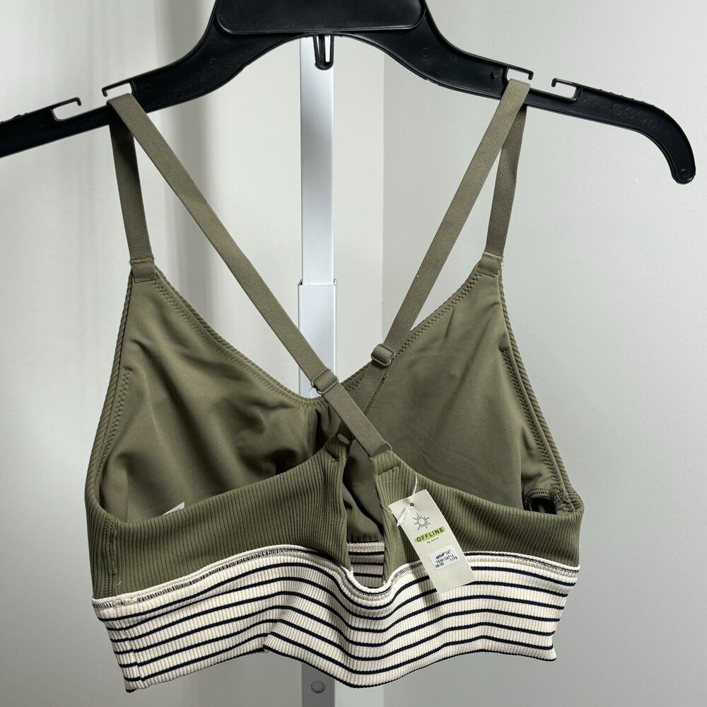Aerie Offline V-Neck Ribbed Sports Bra Criss Cross Straps Padded Khaki Size M - Picture 2 of 5